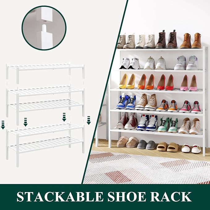 Smiry Bamboo Shoe Rack, 12 Vertical Slats, 3 Tier - 33.7" Wide, White | Stackable Free Standing Wooden Shoe Organizer, Wood Shoe Storage Shelf for Closet, Entryway