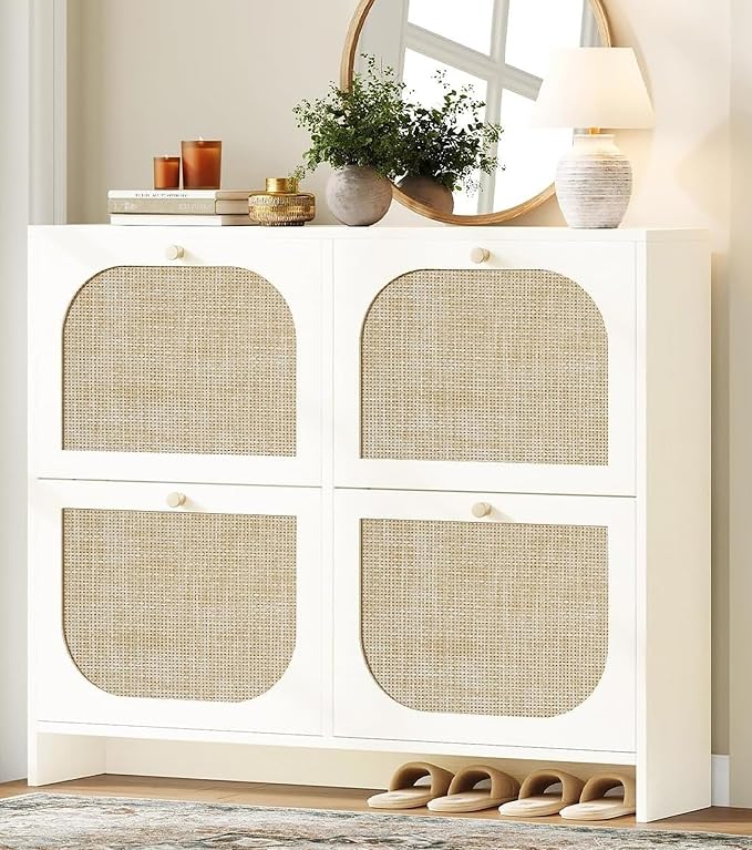 Nicetree Freestanding Ultra Slim Arched Rattan Accent Shoe Storage Cabinet for Entryway - 4 Flip Drawers & 3-Tier Adjustable Shelves, Farmhouse Modern Rustic Shoe Rack for Hallway Foyer,Cloud White