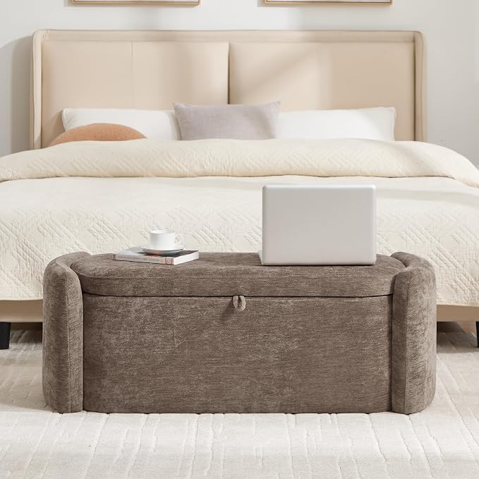 Oval Ottoman Bench with 20 Gal of Storage Space Upholstered Chenille Seat End of Bed Storage Bench Storage Ottoman with Storage for Bedroom, Living Room, Entryway, Window(Light Brown)