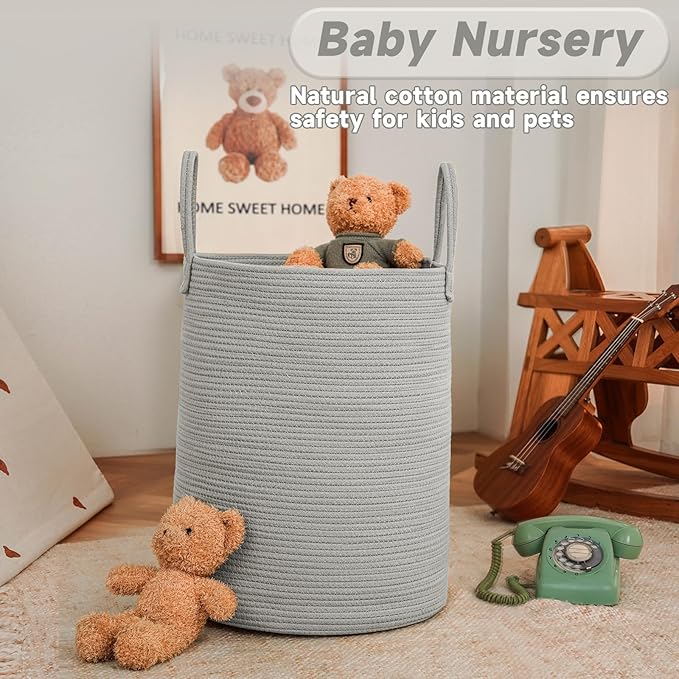 JMvicyroam 60L Cotton Rope Laundry Basket Hamper, Grey | Collapsible laundry basket, reinforced handles, freestanding, machine washable, holds 3-5 thick blankets, clothes or toys