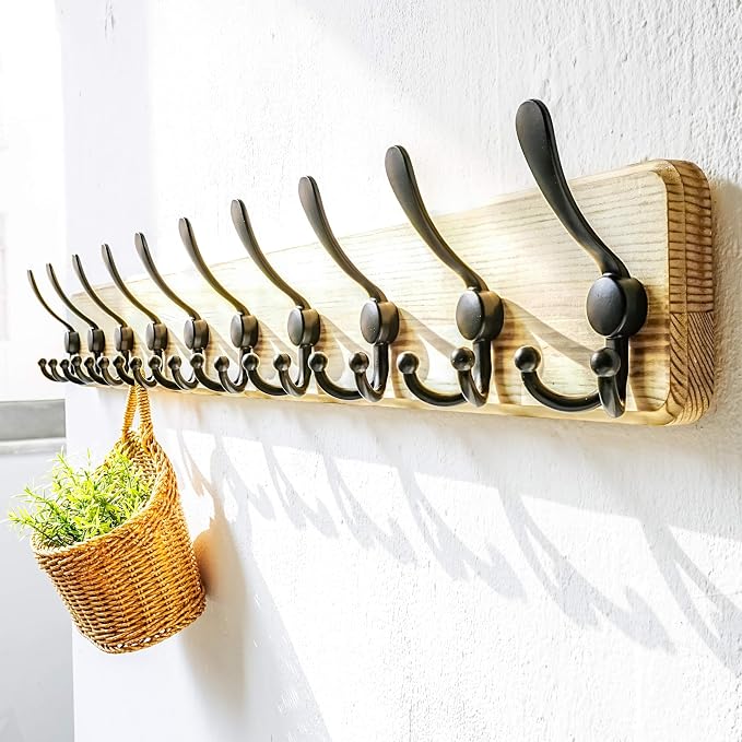 Coat Rack Wall - Heavy-Duty 38-1/4" Long, with Reinforced 10 Custom Tri-Hooks, Solid Wood Wall Hanger for Coats Hat Jackets - Rustic Farmhouse Entryway Hallway Storage, Light Brown & Black