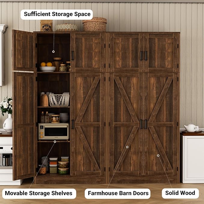 Unikito 71” Kitchen Pantry Storage Cabinet with Adjustable Shelves, 2 Pack | Large Farmhouse Storage Cupboard, Barn Doors, Sturdy and Deep, Versatile for Dinning Room, Living Room, Weathered Brown