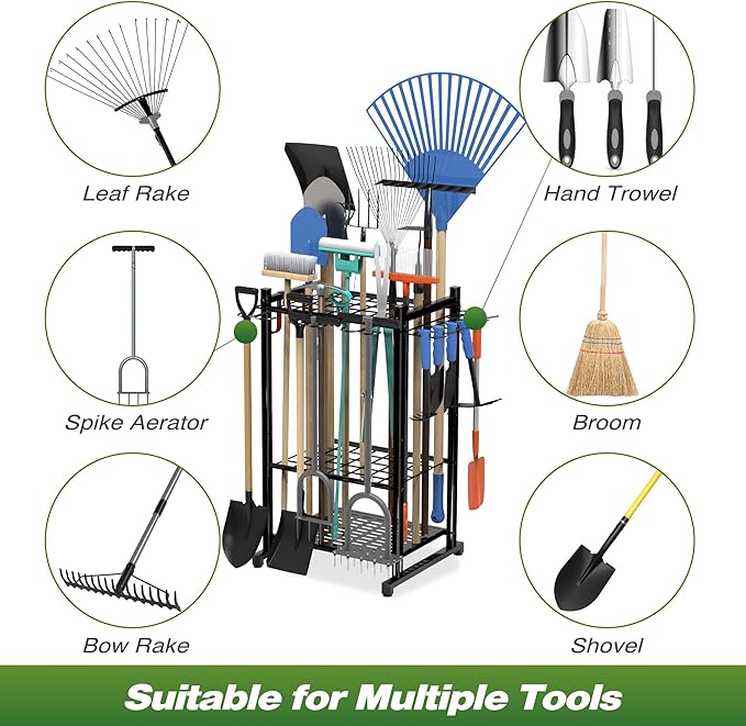 Sttoraboks Garden Tool Organizer Rack Up to 50 Tools, Heavy-Duty Steel Yard Tool Organizer for Garage Storage with 11 Hooks, Broom Holder & Garden Tool Rack for Shed, Patio, Outdoor Use, Black