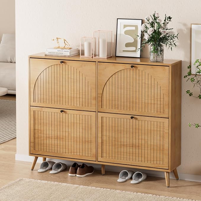 Fsbecl Shoe Storage Cabinet for Entryway with 4 Fluted Flip Drawers, Oak | Narrow Design, Freestanding Shoe Rack with Adjustment Shelves, Wooden Hidden Organizer for Hallway Foyer, 16-24 Pairs