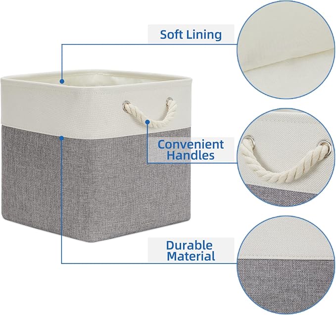 Temary Fabric Baskets 13 Inch Cube Storage Baskets with Rope Handle, Storage Cube Bins Clothes Basket for Gift, Large Storage Bins for Storage Books, Blankets (White&Gray)