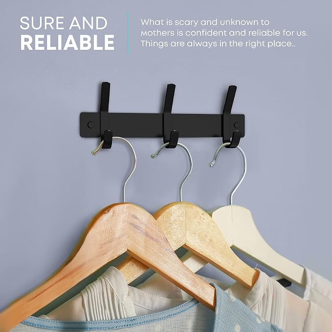 Coat Rack Wall Mount – 9 Inch Stainless Steel Hook Rail with 3 Double Coat Hooks for Hanging – Wall Mounted Entryway Organizer for Coats, Hats, Bags, Towels, Robes, Closet or Bathroom - Black 2 Pack
