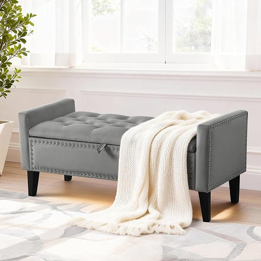 47in Velvet Storage Ottoman Bench with Arms, Upholstered Storage Bench with Wooden Legs, Storage Bench for Bedroom, Living Room, Dark Grey
