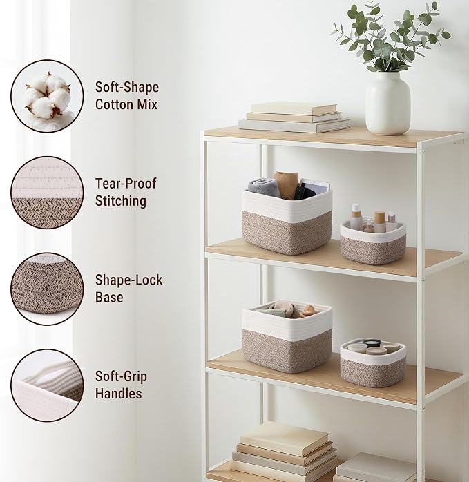 5-Pack Storage Cubes Woven Rope Baskets, 2 Sizes Organizer Bins | Ideal for Closet, Shelf, Bookshelf, Nursery, Changing Table, Cube Storage Bins, Storage Baskets for Bathroom Toy & Home