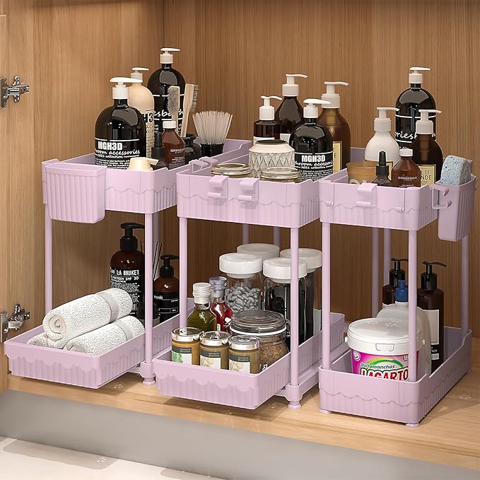 Sevenblue 3 Pack Under Sink Organizers, 2-Tier Multi-Use Kitchen and Bathroom Organizers and Storage with Sliding Drawers, Bathroom Cabinet Organizer (Pink, 14.8 Inch) | Multi-use kitchen & bathroom storage, 14.8 inch pink cabinet organizer, space-savi...