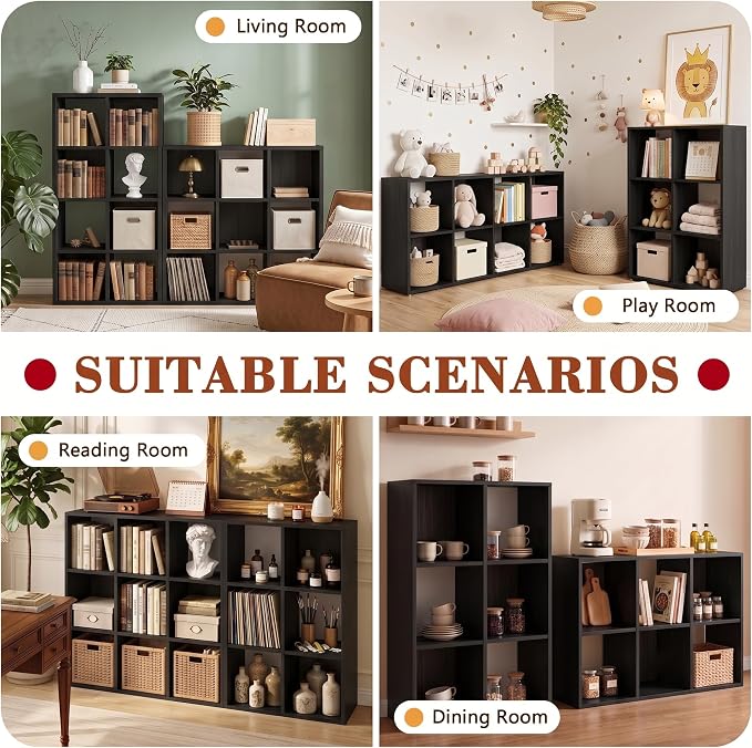 6 Cube Storage Organizer, Black Cube Bookshelf, Multifunctional Bookcase | 3-Tier Floor Standing Open Bookshelf with Removable Back Panels, Display Cabinet for Study Dining Room Home Office Bedroom