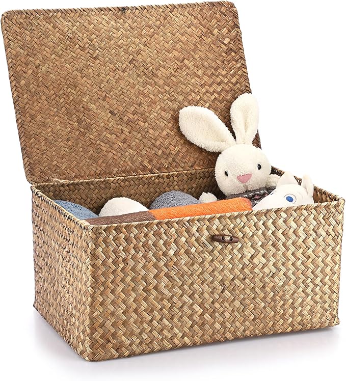Hipiwe Wicker Shelf Baskets Bin with Lid Woven Storage Box, Coffee X-Large | Handmade Seagrass Basket Storage Bins Rectangular Household Basket Boxes for Shelf Wardrobe Home Organizer