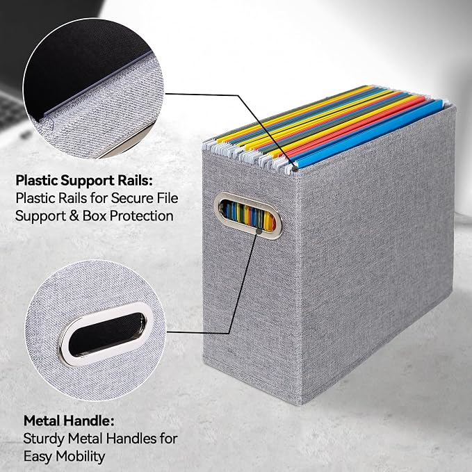 4 Pack Letter Size File Storage Box Collapsible, Fabric Hanging File Folders Organizer, Portable Office Document Holder with Metal Handle, Smooth PVC Rails, Gray