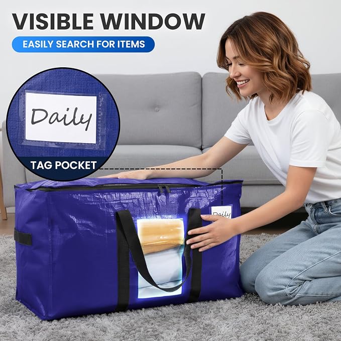 TAILI 4 Pack Dark Blue Extra Large Moving Bags, Heavy Duty Totes with Visible Window, Wrap Around Handles, Great for Storage