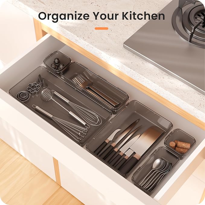 【Military Grade】A-LuGei Drawer Organizer,【𝟱𝗦𝗶𝘇𝗲】Makeup organizer,【Holds 177 Items】Bathroom Organizers and Storage,Organization and Storage,Desk Drawer Organizer for Vanity【Clear Black】
