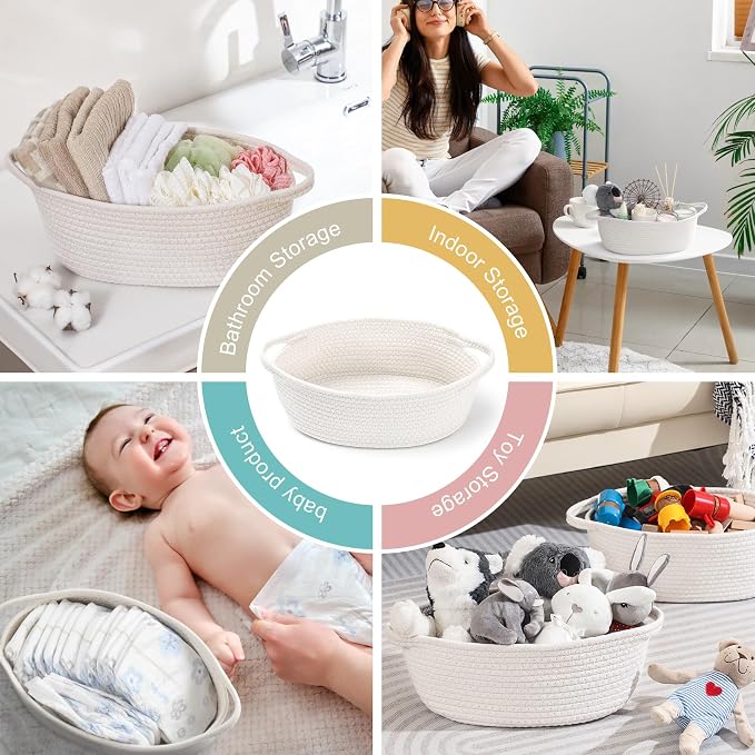 8 Pack Small Woven Basket with Gift Bags and Ribbons, All 12"x 8"x 5", Empty Decorative Gift Chest Box, Cute Baby Gift Basket for Nursery, Cotton Rope Room Shelf Storage Basket with Handles, White