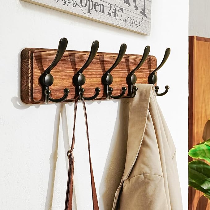 Coat Rack Wall Mounted - 5 Tri Hooks, Heavy Duty, Wooden Wall Coat Hanger Coat Hook for Clothes Hat Jacket Clothing, Natural & Black