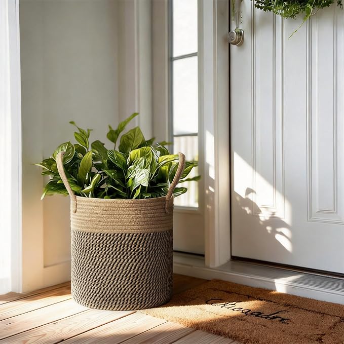 Round Wicker Basket with Handle, 12.5" Woven Jute Plant Basket for 11" Pot, Indoor Boho Artificial Tree Planter, Decorative Flower Pot Cover, Rustic Holder for Plants, Shoe Towel Bin, Black Stripes