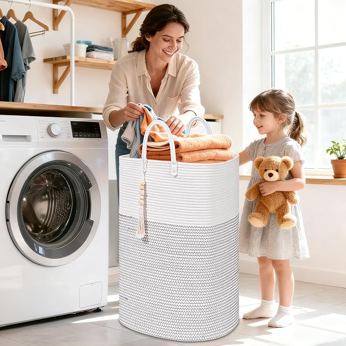 Woven Laundry Basket for Clothes, 50 L Large Rectangle Laundry Hampers with Beads Tassel, Nursery Storage Basket for Toys, Tall Dirty Clothes Hamper for Bedroom Aesthetic, Laundry Room Organization