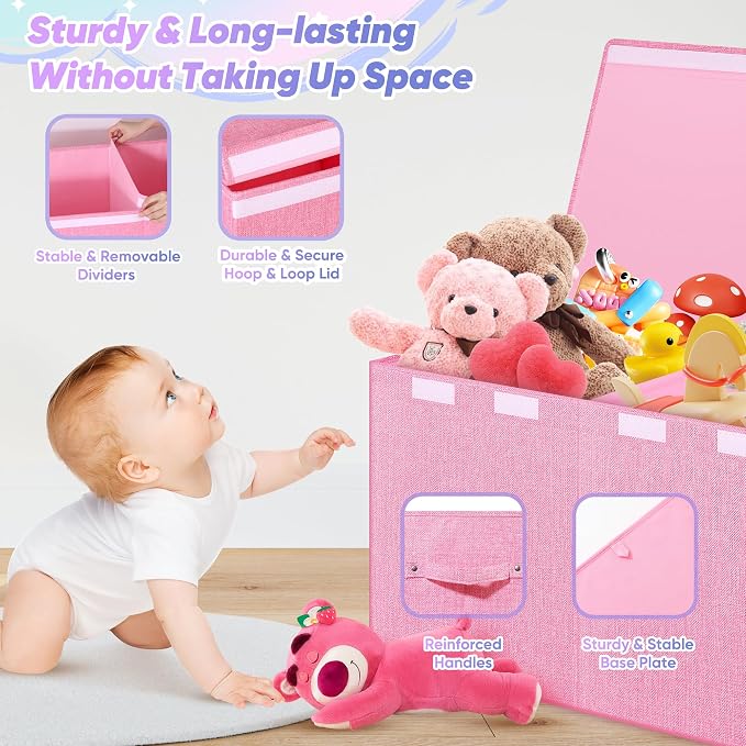 Extra Large Toy Box with Lids, Collapsible Storage Chest, 40"x16"x16" Pink | Sturdy Toy Storage Organizer with Dividers, Toybox for Kids Boys Girls, Bedroom Nursery Playroom Organization