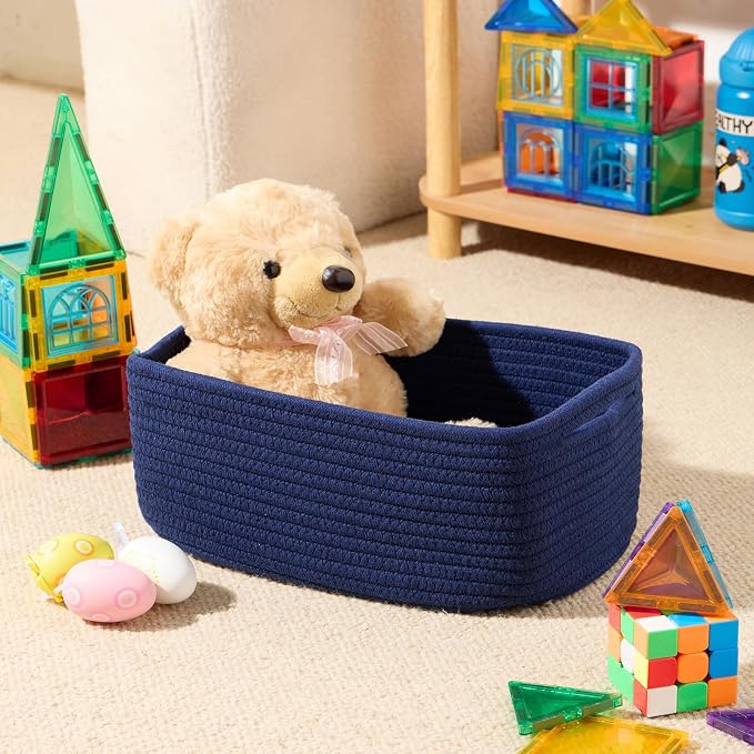 MiniArk Small Storage Baskets for Organizing | Closet Organizer Bins | Shelf Toy Basket | Woven Rope Baskets | Cube Decorative Box | Shallow Basket | 13x8.5x5.1” | 3 Packs Navy Blue