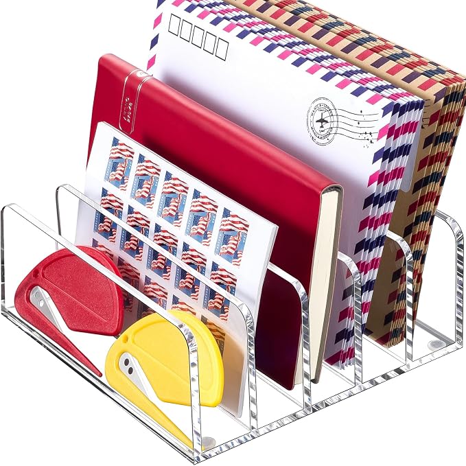 BEYGORM Acrylic Mail Holder, 5 Compartments Multifunction Desk Organizer | Clear Vertical Letter Sorter with Dividers, Modern Office & Home Storage for Bills, Documents & Folders
