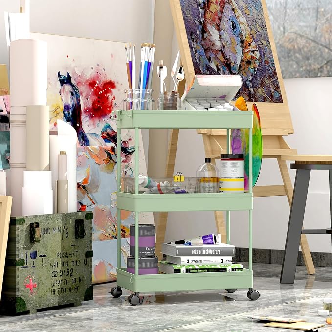 SPACEKEEPER 3 Tier Rolling Cart, Bathroom Cart Organizer with Wheels, Green | Mobile Storage Cart for Laundry Room Organization,Kitchen,Office,Bathroom, Utility Cart for Snack,Craft,Art,Makeup,Nail,Toys