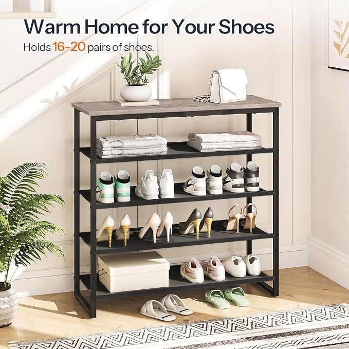 HOOBRO Shoe Rack, 5 Tier Shoe Storage Organizer with 4 Oxford Fabric Shelves and Top Panel, Holds 16-20 Pairs of Shoes, for Entryway and Closet, Industrial, Greige and Black BG50XJ01