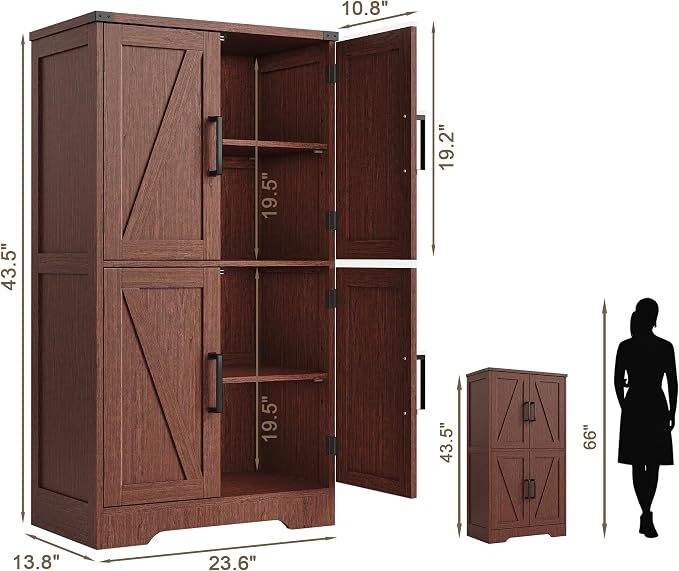 Treocho Farmhouse Bathroom Floor Cabinet with Adjustable Shelves | 13.78"D x 23.62"W x 43.46"H, Freestanding Kitchen Pantry Cabinet, Cupboard for Living Room, Dining Room, Walnut