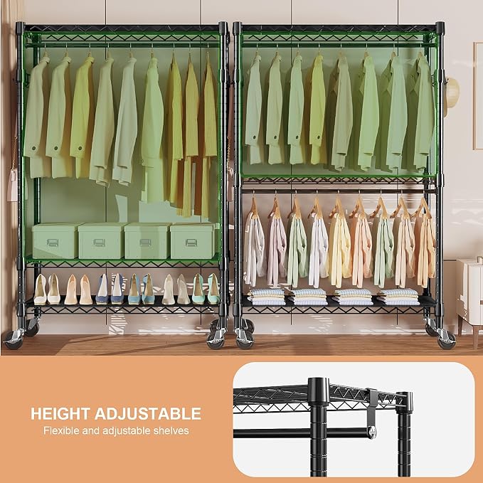 M MZG Heavy Duty Rolling Garment Rack 3 Tiers Adjustable Wire Shelving Clothes Rack with 2 Rods and Side Hooks, Storage Closet Clothing Rack with Wheels Black 17.7" D x 47.2" W x 83.6" H
