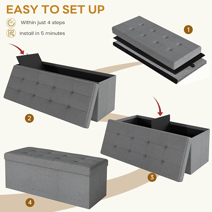 KROFEM 43.5" Folding Storage Ottoman Bench,Rectangle Foot Rest Stool for Living Room and Bedroom Holds 660 lbs,Light Gray
