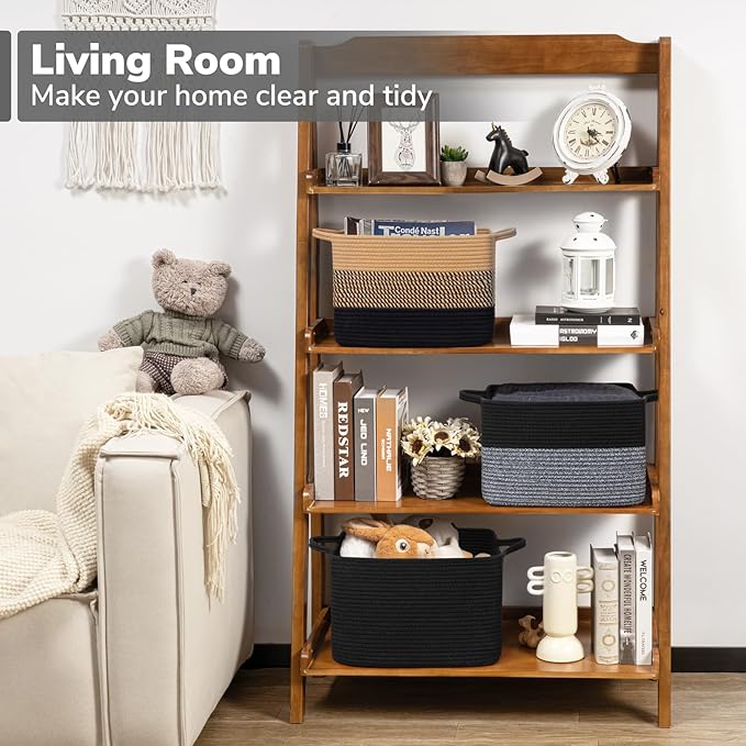 Goodpick Cotton Rope Storage Basket for Shelves, 13" x 10" x 9", Black | Gift Basket for Books, Toys & Towels Storage, Living Room & Bedroom Organization, Built-In Handles, Stylish Home Decor