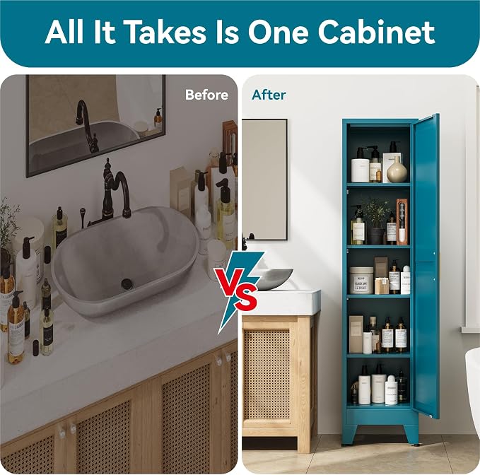 67" Tall Storage Cabinet with Reversible Doors and Adjustable Shelves,Metal Slim Freestanding Cabinet for Bathroom Kitchen Garage Small Spaces,Blue,5-Tier 1 Pack