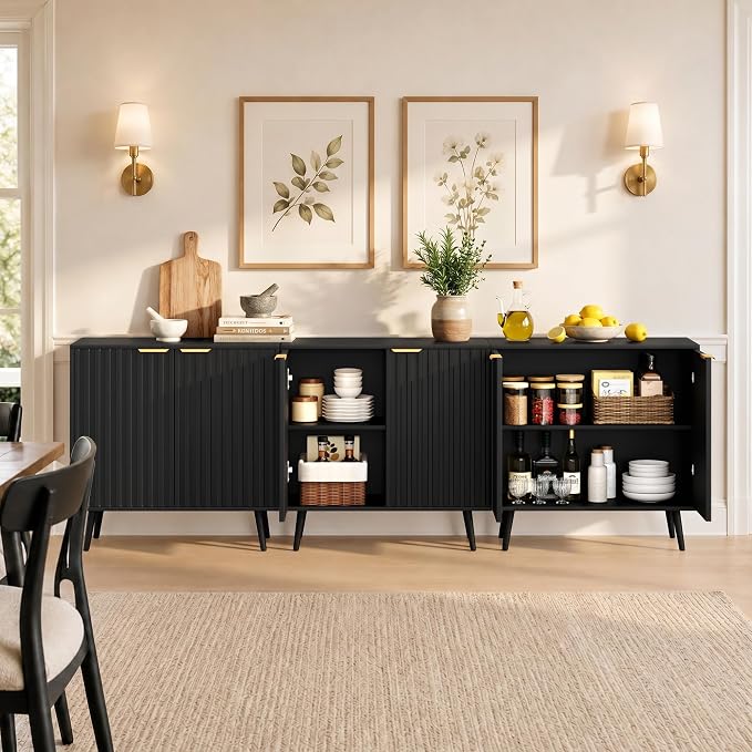Set of 3 Fluted Storage Cabinet, Buffet Cabinet with Storage, Wood Sideboard with Adjustable Shelf, Modern Accent Cabinet & Console Table for Entryway, Living Room, Dining Room, Black
