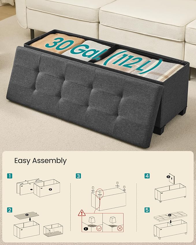 SONGMICS Storage Ottoman Bench with Legs, Folding Ottoman Foot Rest with Flipping Lid, Bench with Storage, for Living Room, Bedroom, Entryway, Linen-Look Fabric, 43.3 Inches, Slate Gray ULSF079GN01