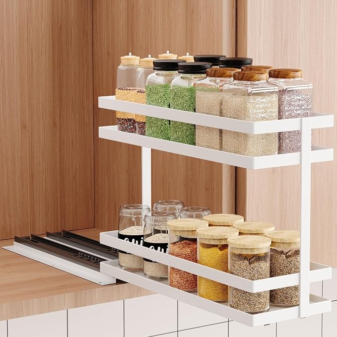 Mustorn Pull Out Spice Rack Organizer for Cabinet, 2 Tier Metal Slide Out Seasoning Organizer and Storage Heavy Duty Vertical Spice Rack Shelf Pullout for Kitchen Cabinets No Drilling(1 Pack, White)