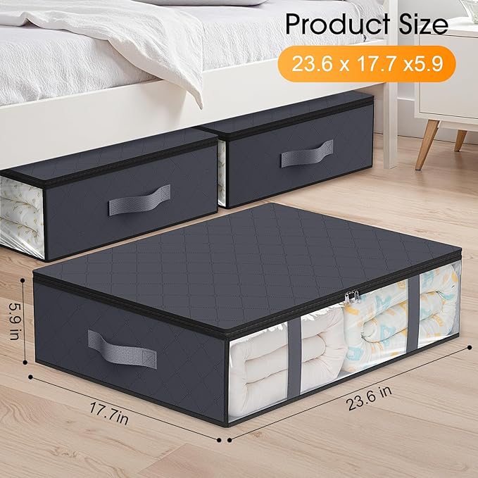 StorageRight Under Bed Storage Bags, 3 Pack, 40L, Gray | Breathable Non-Woven Fabric with a Clear Window and Zippered Top for Clothes, Comforters, Blankets and Seasonal Storage