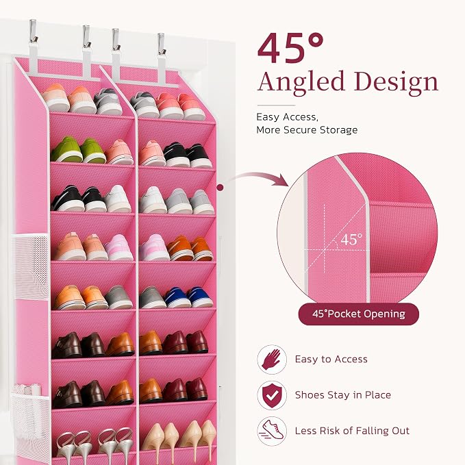 Over the Door Shoe Organizer, 20-30 Pairs Heavy-Duty Hanging Shoe Storage with Large Pockets, 10-Tier Door Shoe Rack with 4 Hooks for Sneakers Sandals Heels Boots (Pink)