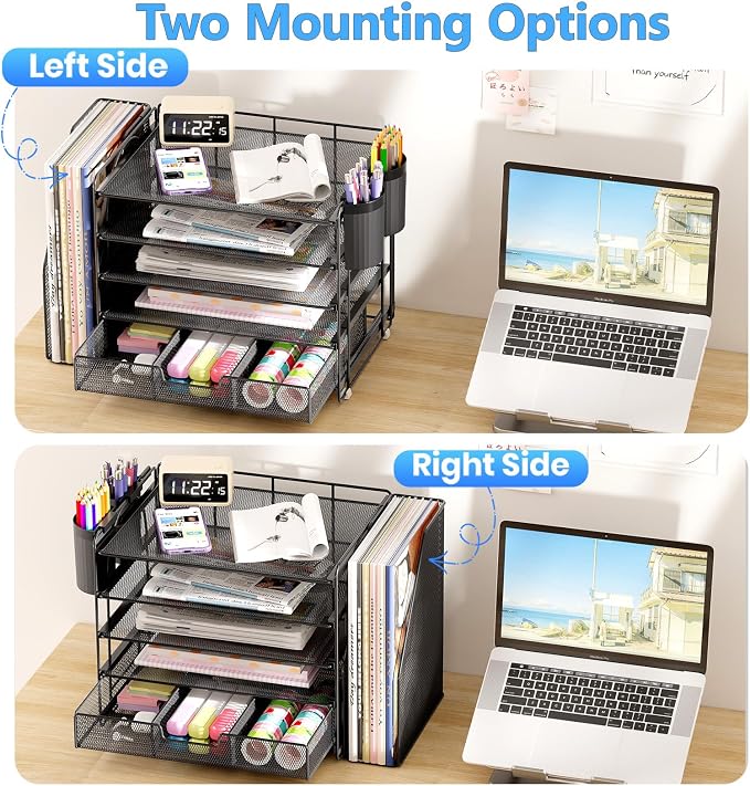 OPNICE Desk Organizer, 5-Tier Desktop File Organizer with Drawer and Pen Holders, Office Desk Accessories, File Sorters, Workspace Organizers for Office Supplies(Black)