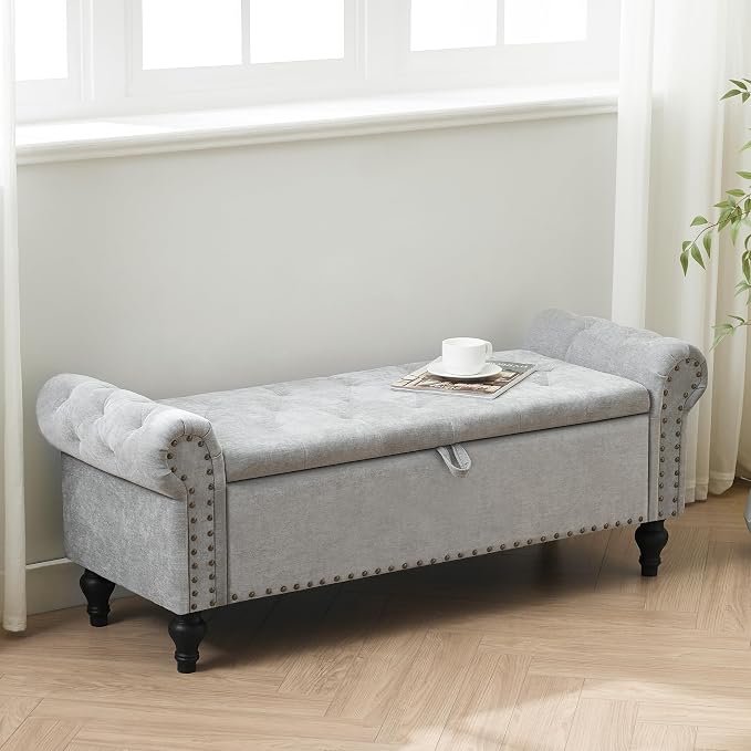 51" Storage Bench for Bedroom, Upholstered Ottoman Bench Chenille LightGray | End of Bed Bench for Bedroom, Window Benches for Living Room, Entryway, Ottoman with Large Storage Space, Pet Friendly
