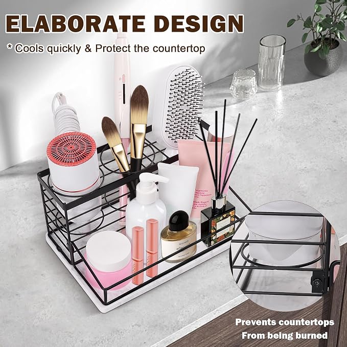 Hair Tool Organizer, Movable Hair Dryer Holder, Hair Styling Tools Storage for Vanity, Bath Counter Organizer, Bathroom Trays for Hair Toiletry, Makeup (12" x 7.7" x 5.8", Marble-Black)