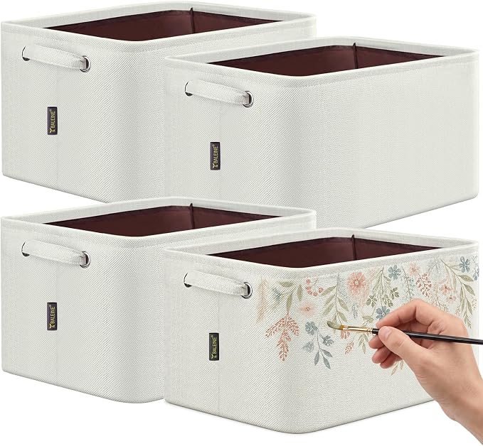 BALEINE 4 Pack Fabric Closet Storage Bins for Shelves, Linen Closet Organizers and Storage, Decorative Baskets for Organizing, Shelf, Clothes, Home, Office (White, 12"x8"x8")