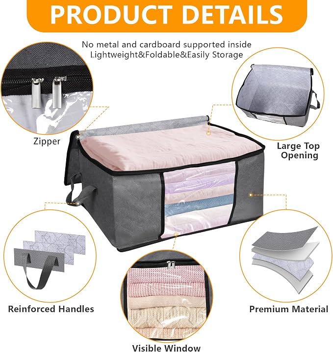 BiCINE 10 Pack Clothes Storage Bags with Zipper, 45L Foldable Blanket Storage Box with Clear Window Sturdy Handles for Closet, Dorm, Pillows, Bedding, Sheet, Comforter, Gray