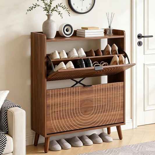 Arch-Chic Shoe Cabinet for Entryway with 2 Flip Door | Farmhouse, Walnut color, Adjustable shelves, Tabletop guardrail, Freestanding shoe storage cabinet, for Entryway/hallway