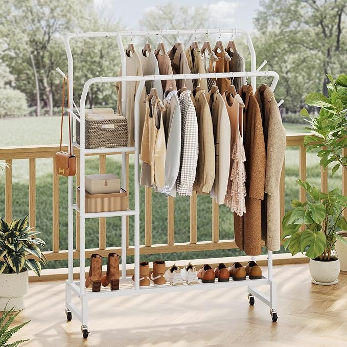 Yoobure Double Rods Clothes Rack - Portable Clothing Rack with Wheels, Rolling Garment Rack with 3-Tier Shelves & 4 Hooks, Freestanding Clothing Racks for Hanging clothes, Coat Rack for Closet Bedroom