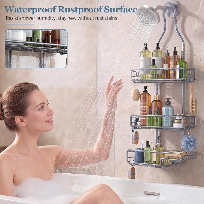 Skyapex Shower Caddy Hanging Bathroom Organizer: Over Head Adjustable Rack for Tall Showerhead - Extra Large Storage Shelf for Big Shampoo Bottles with Soap Holder (Grey)