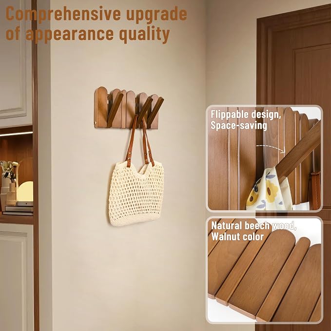Wall Coat Rack for Entryway: Folding Wood 4 Hooks for Small Space | Modern Heavy Duty Wall Mounted for Mid Century Home Decor Bathroom Hallway Bedroom for Hanging Towel Jacket Backpack Bag