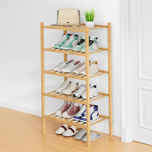 Smiry Bamboo Shoe Rack, 12 Vertical Slats, 5 Tier - 17.3" Wide, Natural | Stackable Free Standing Wooden Shoe Organizer, Wood Shoe Storage Shelf for Closet, Entryway
