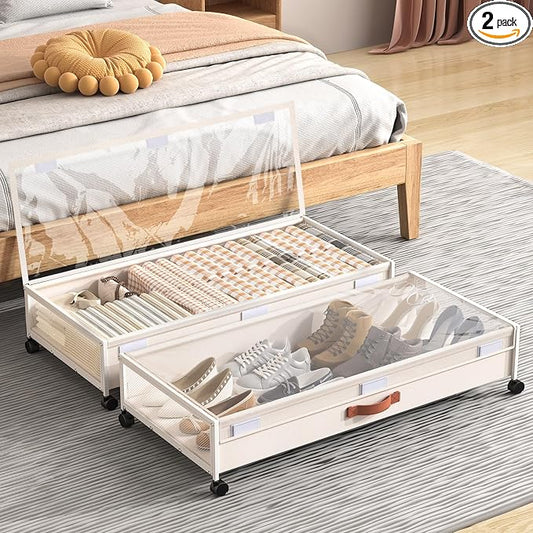 Under Bed Storage Containers with Wheels Large Underbed Shoes Blankets Clothes Toy Storage Drawers for College Dorms Bedrooms Nursery Rooms Organization (White 2 Pack, 7.5in height(36"x16.6"x7.48"))