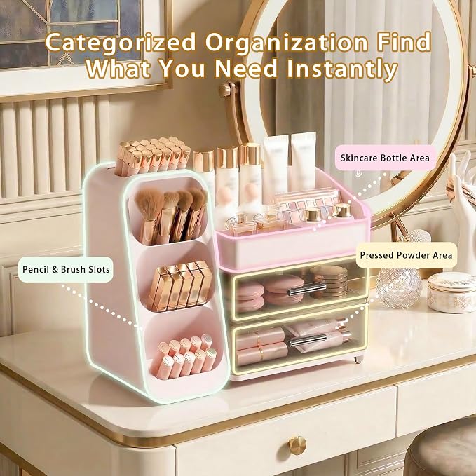 Large Capacity Makeup Organizer Countertop with Makeup Brush Holder for Vanity, Thickened Material, Bathroom Countertop Organizer Skin Care Perfumes Storage, Teen Girl Gifts for 12-23 Year（pink）
