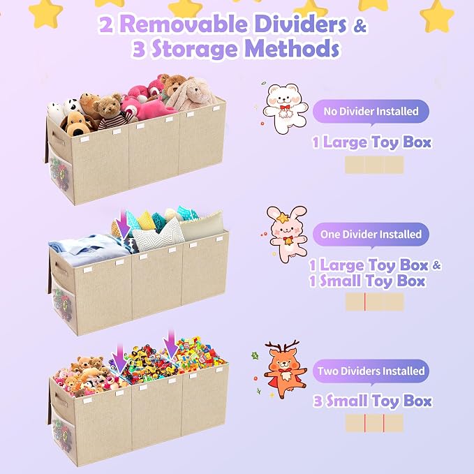 Extra Large Toy Box, Collapsible Toy Storage Organizer, 40"x16"x16", Beige | Sturdy Kids Toys Bin Chest with 2 Mesh Pockets and Dividers for Boys Girls, Bedroom & Living room Toy Organization
